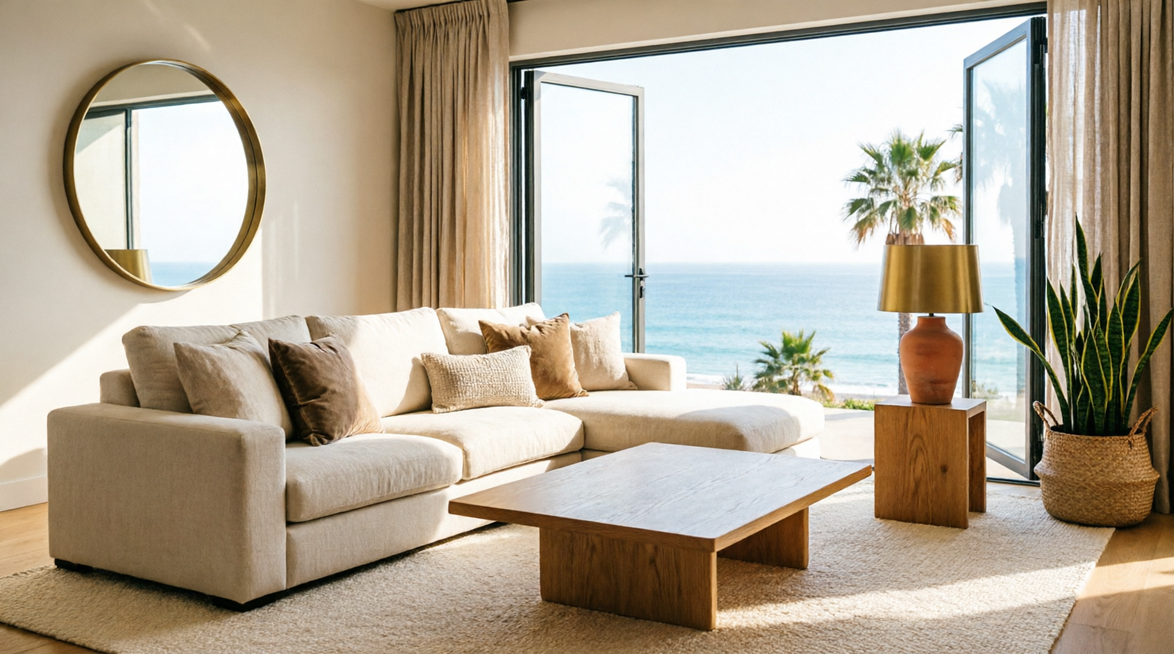 Living room with beige sofa, wooden coffee table, golden lamp, potted plant, and open windows showing ocean view and palm trees