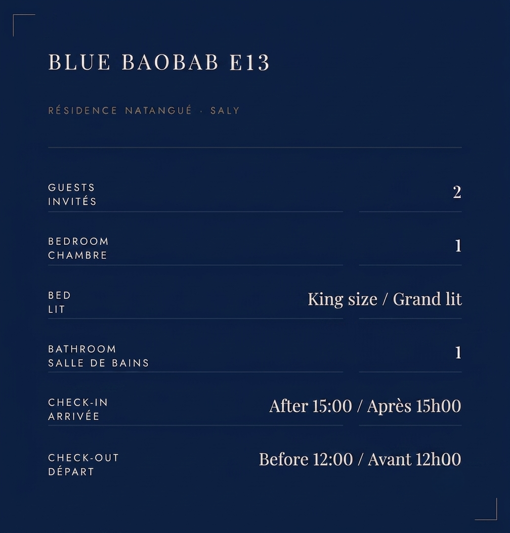 Hotel room details at Blue Baobab E13 in Natangue Saly. It lists 2 guests, 1 bedroom, a king-size bed, 1 bathroom, check-in after 3:00 PM, and check-out before 12:00 PM.