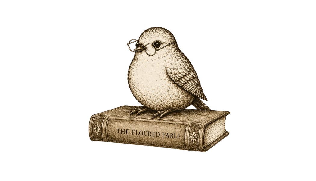An illustrated owl wearing glasses, perched on a book titled 'The Flaured Fable'.