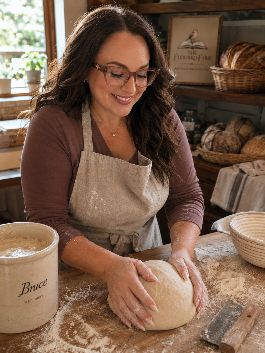 A woman with glasses and long wavy hair, wearing a beige apron, is kneading dough on a wooden table in a cozy kitchen. The workspace has baskets of bread and a framed sign in the background.