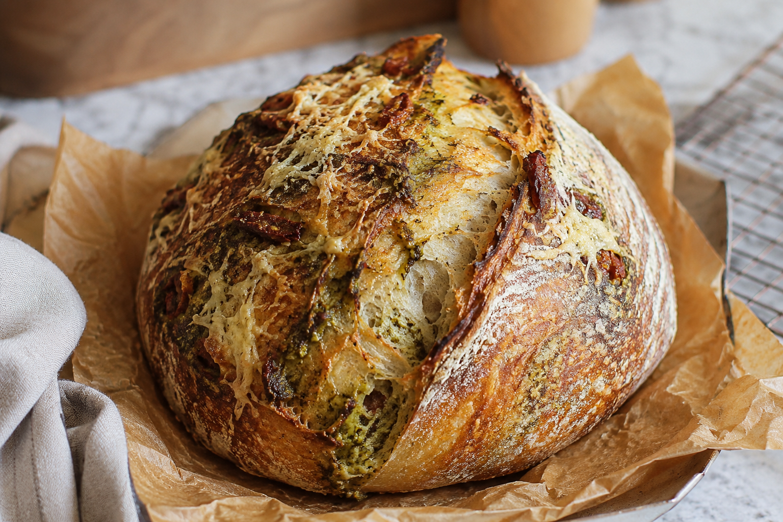 A round loaf of bread with a crispy crust, topped with cheese, herbs, and sun-dried tomatoes, on parchment paper.