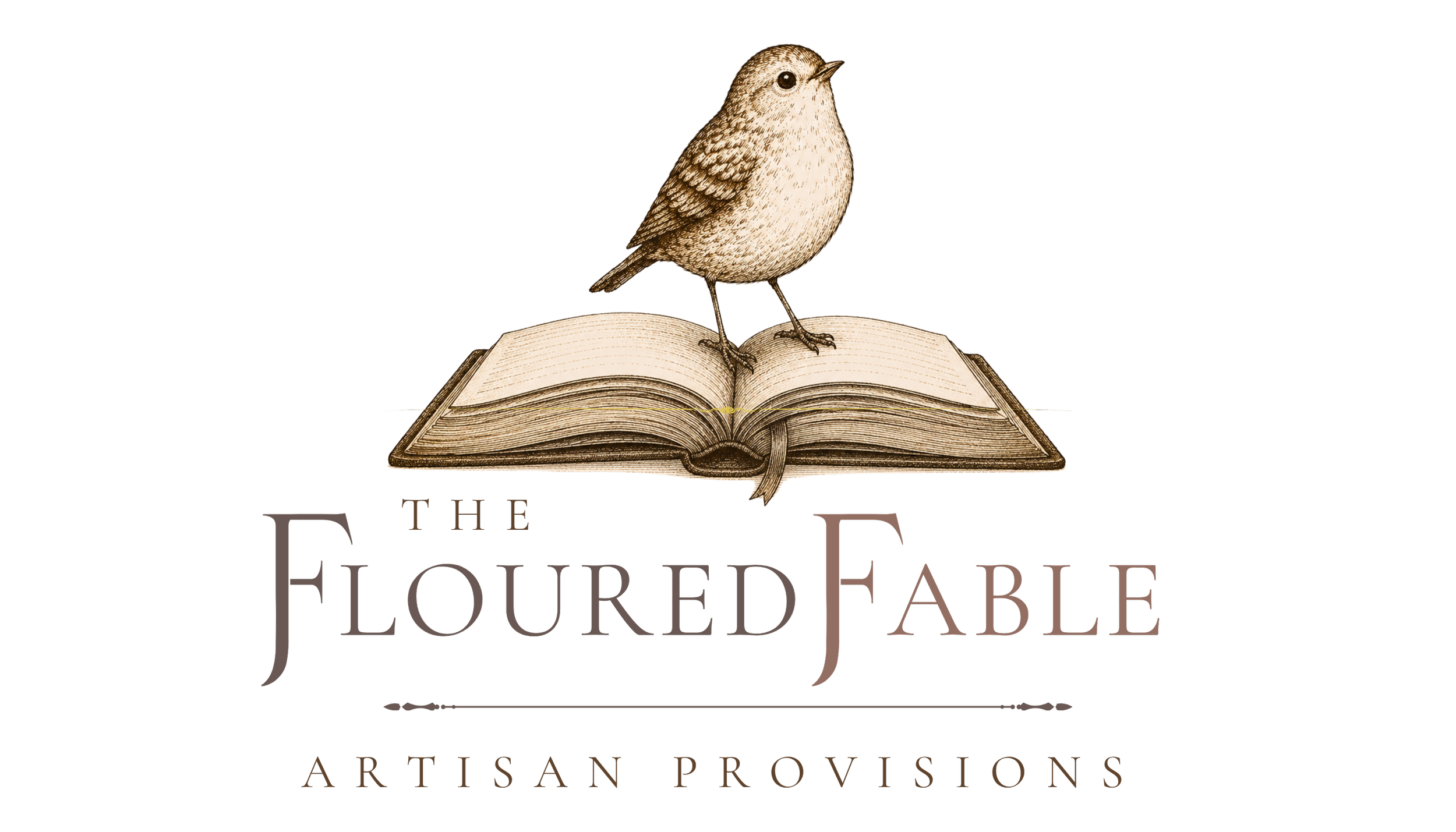 A bird is perched on an open book with a dark background. The book has cream-colored pages and a brown cover. Below the book, there is text that reads 'The Floured Fable' and 'Artisan Provisions'.