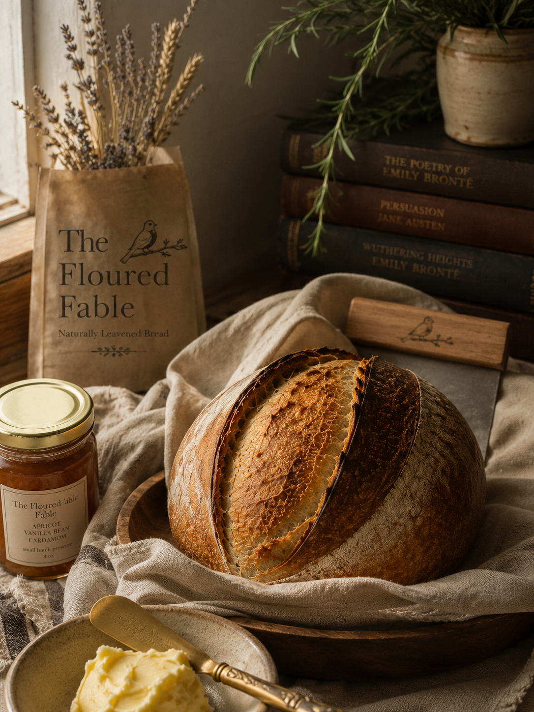 A rustic scene with a large loaf of sourdough bread, a jar of apricot vanilla bean cardamom jam, a small dish of butter, and a linen cloth, with books about poetry and literature, dried flowers, and green foliage in the background.