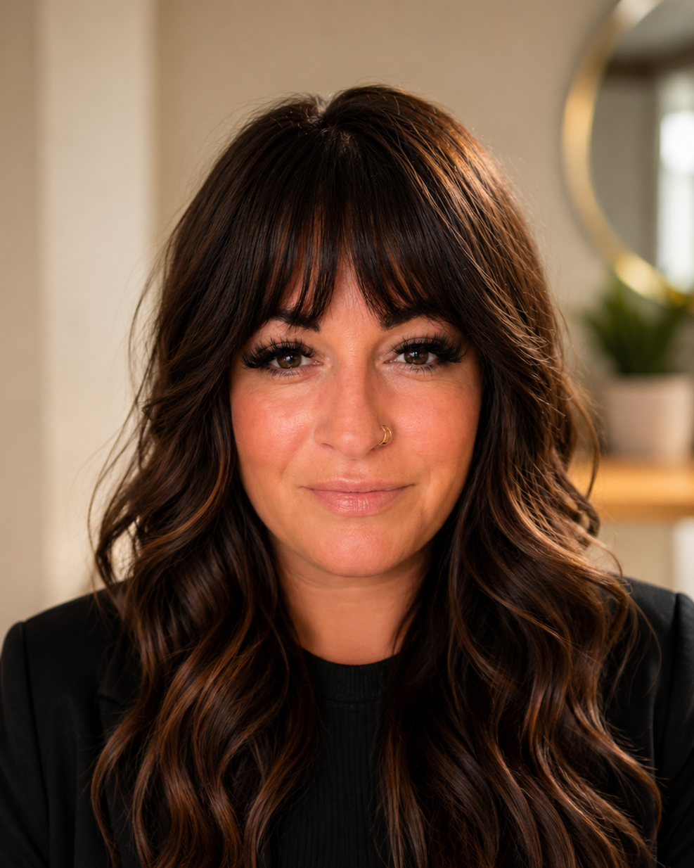 A woman with long wavy brown hair and bangs, wearing a black top, smiling softly in a well-lit room with a mirror and a potted plant in the background. Book your Bridal spray tan