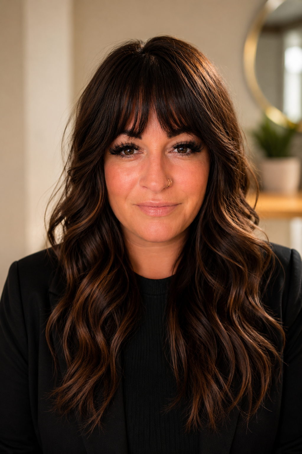sugaring calgary A woman with long wavy brown hair, wearing a black blazer and black top, smiling softly in an indoor setting with a blurred background, including a mirror and a potted plant.