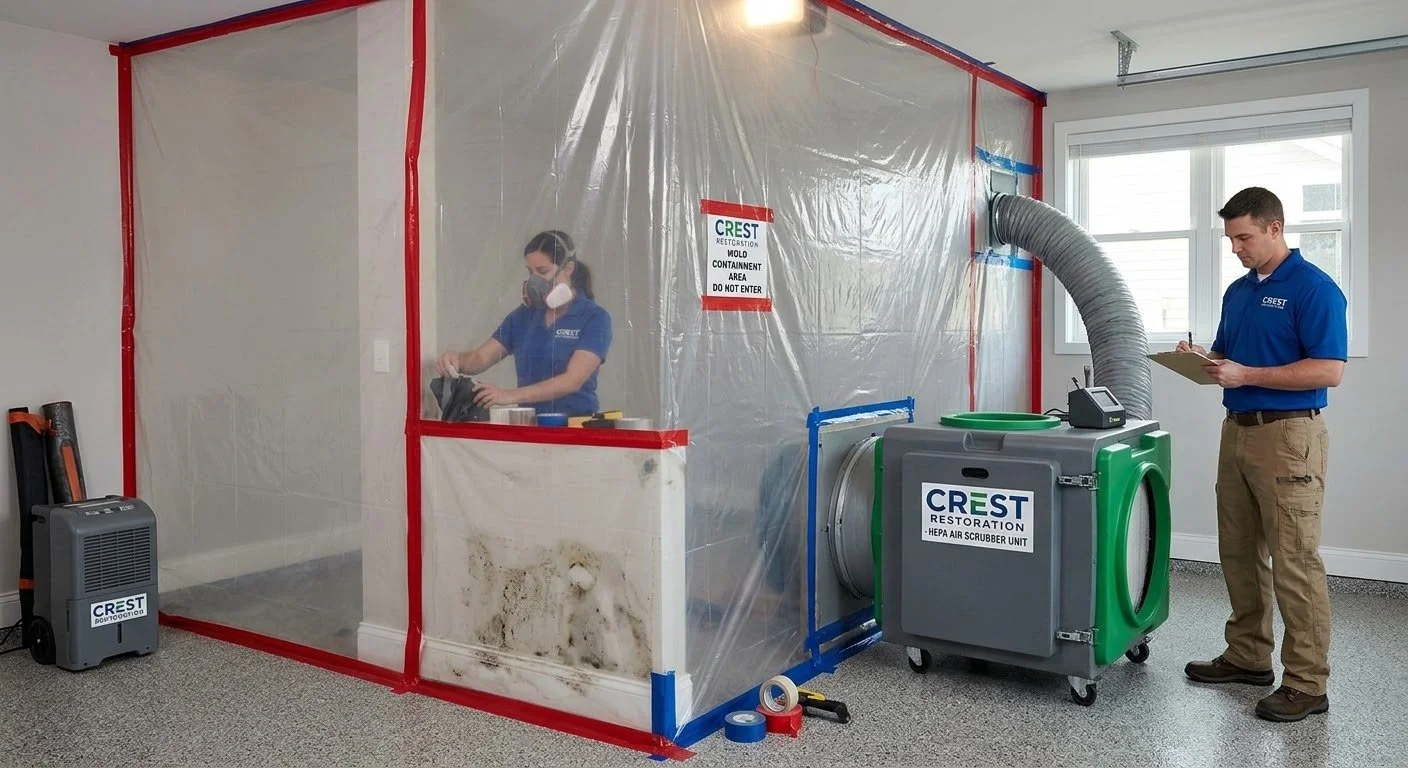 Crest Restoration Group technicians setting up strict mold containment and HEPA air filtration for safe microbial remediation in Simi valley, California.
