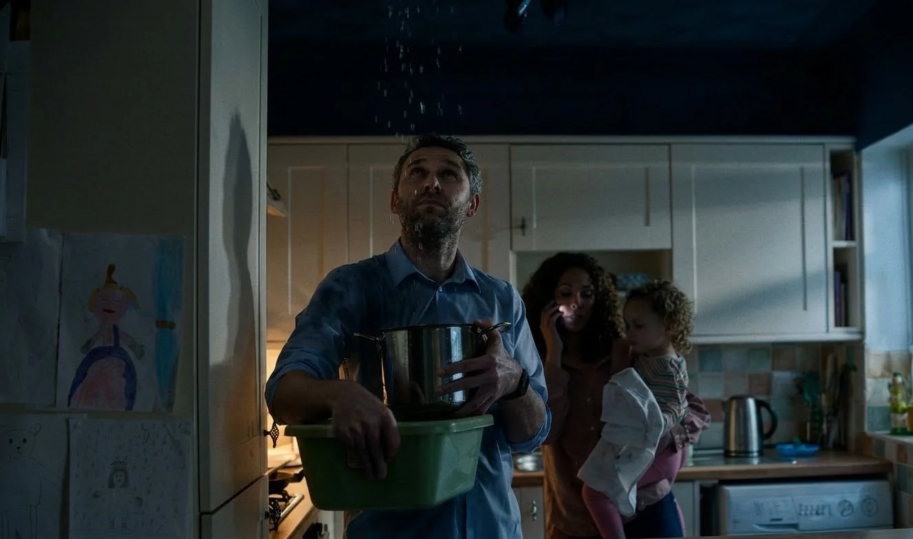 wife, husband, and baby. the wife is holding the aby and calling emergency water damage restoration, while the husband is holding a bucket and looking at a water leak from the roof.