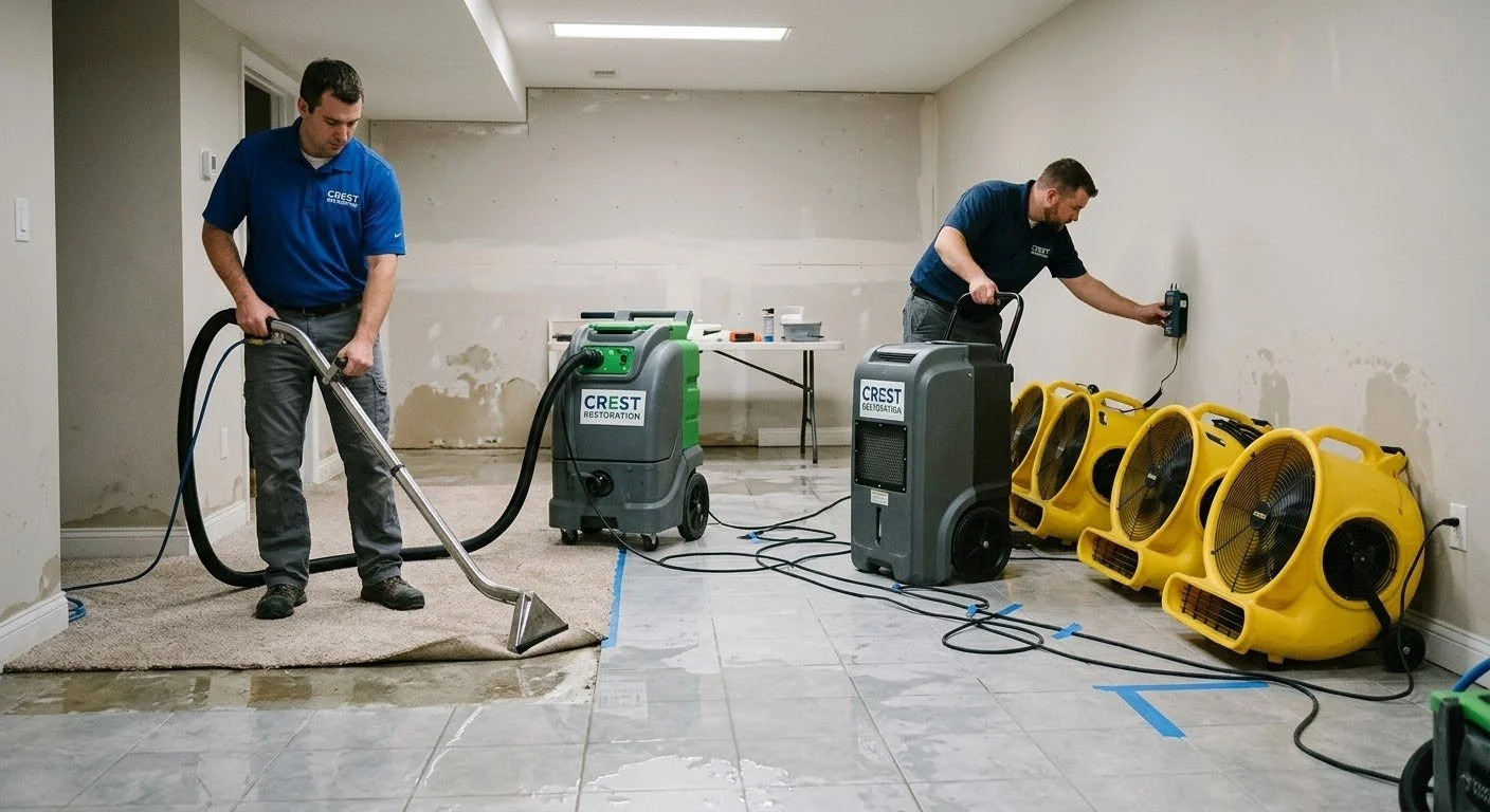 Crest Restoration Group technicians performing emergency water extraction and rapid structural drying using air movers in Simi valley, california.
