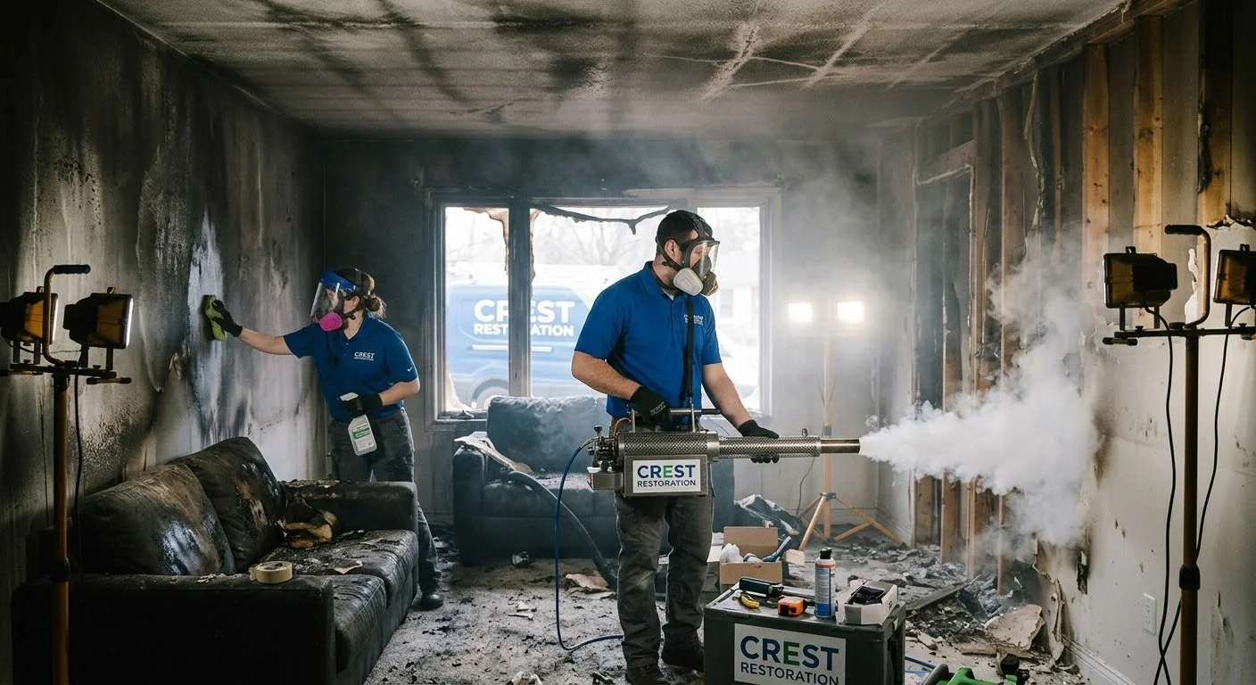 clearing the soot in the room caused by  fire, crest restoration group LLC 24/7 rapid response
