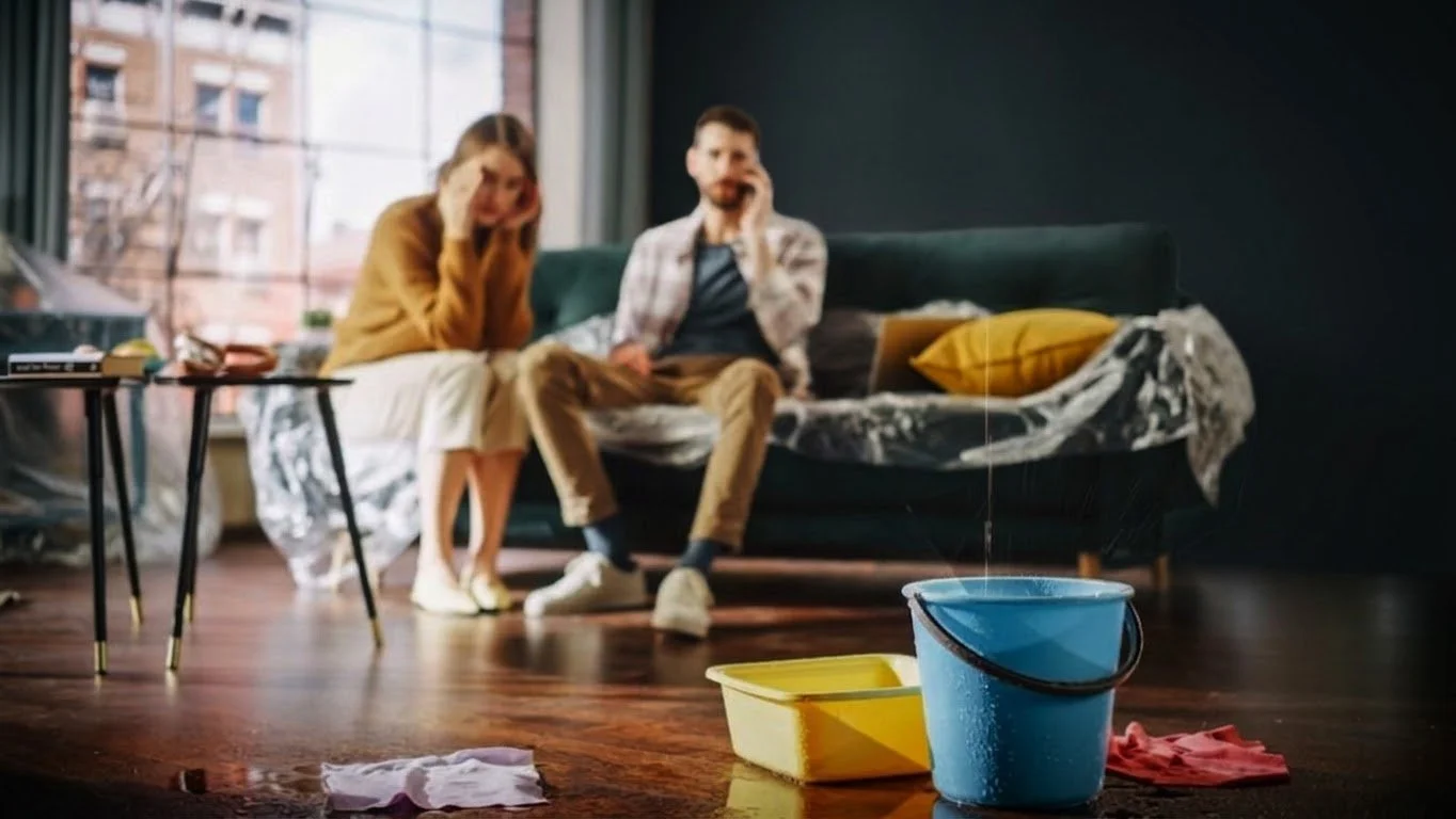a stressed couple sitting on the couch in a flooded living room with water damage on the floor