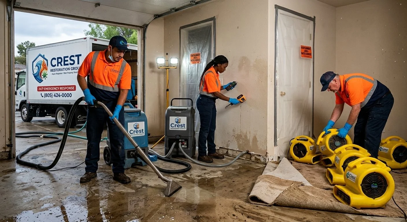 Crest restoration Group deploying industrial yellow air movers for 24/7 emergency water restoration in Simi Valley, CA