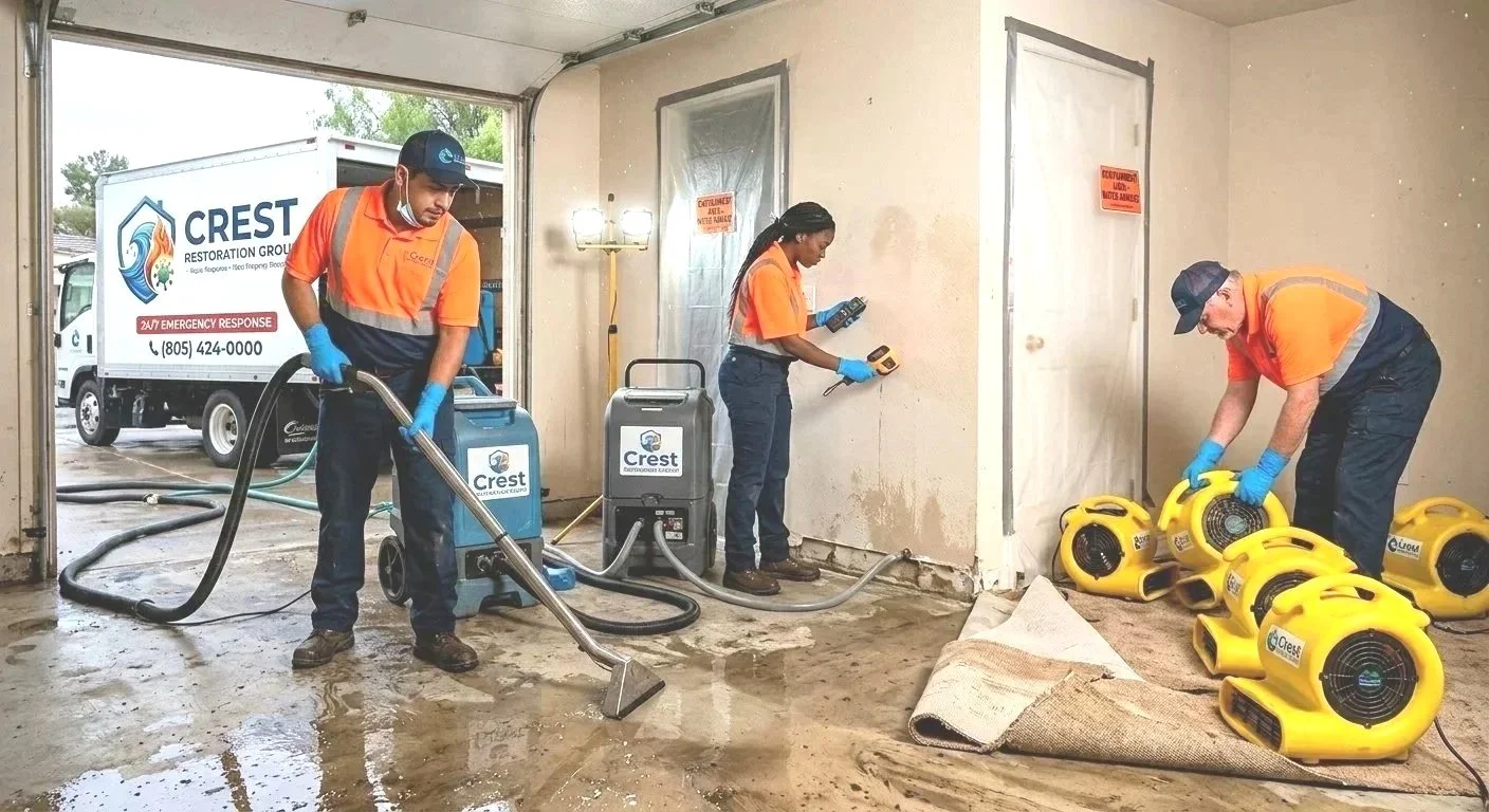 Crest restoration Group technicians performing emergency water extraction and moisture mitigation using professional equipment.
