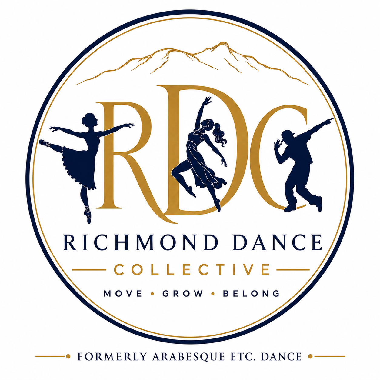 Logo for Richmond Dance Collective with silhouettes of three dancers and mountains in the background. Text includes 'Richmond Dance', 'Collective', and the tagline 'Move, Grow, Belong.'