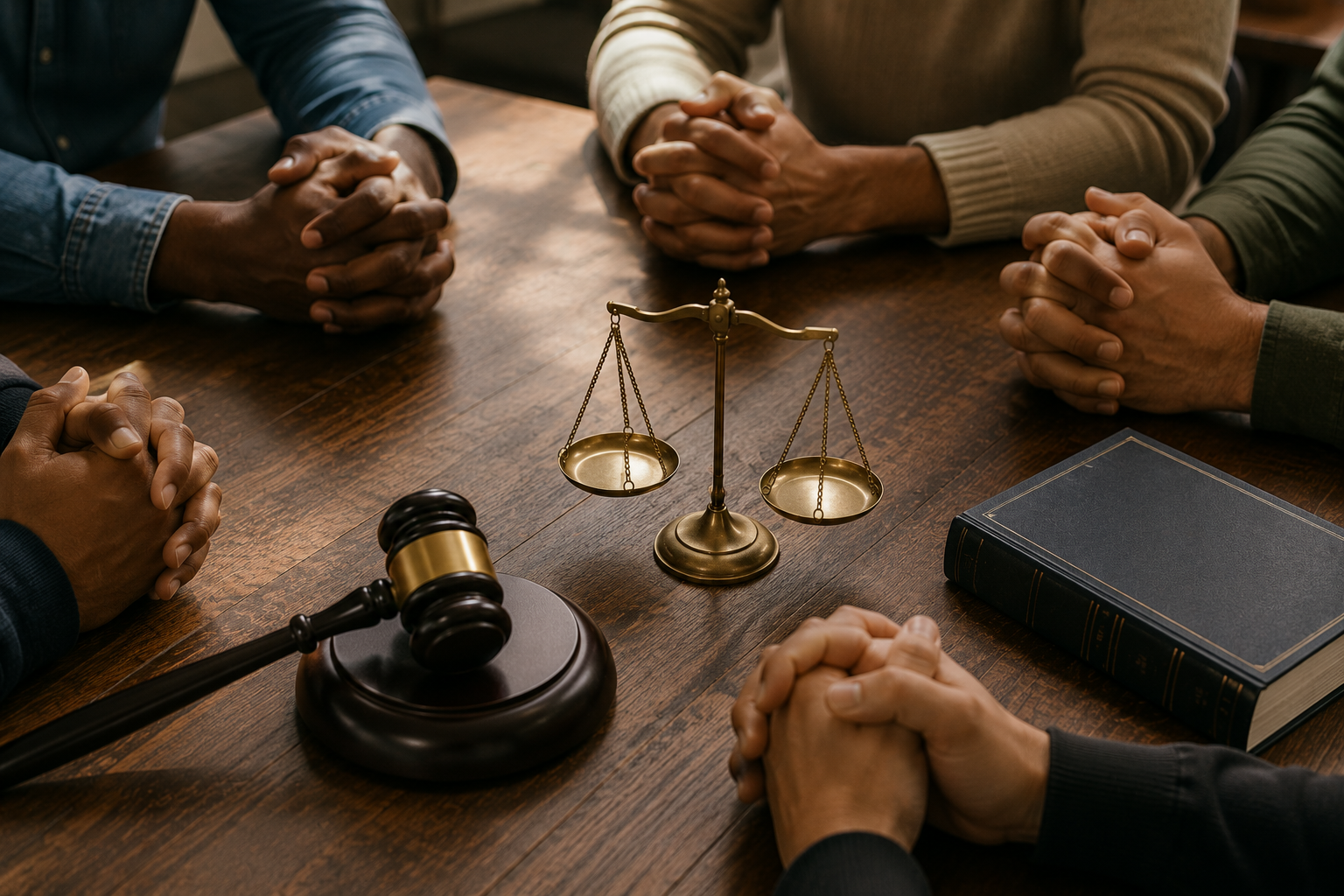 Five people sitting around a wooden table with hands clasped, a gavel, a brass scale of justice, and a legal book, suggesting a legal or court setting.