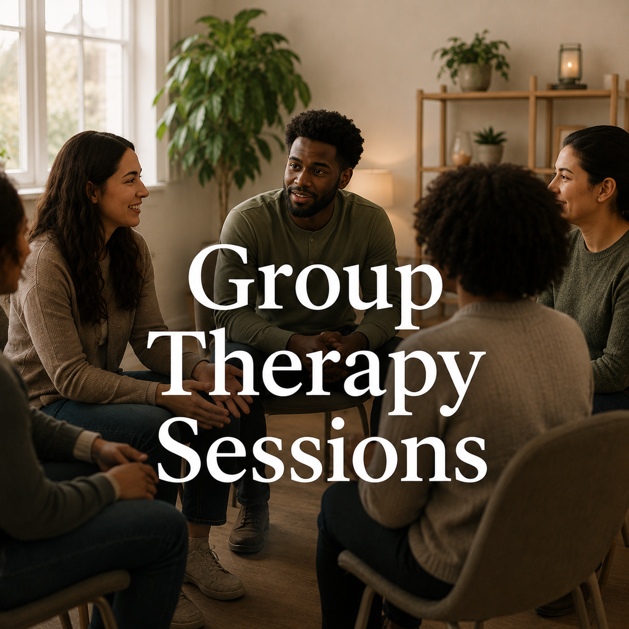 A group of five diverse individuals sitting in a circle and engaging in a discussion in a cozy, well-lit room with plants and shelves in the background.