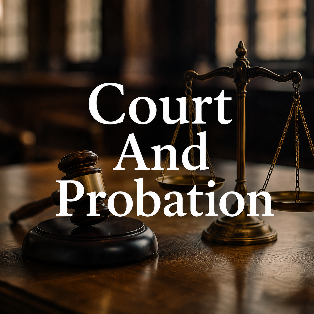 A courtroom scene with a judge's gavel and a set of balanced scales of justice on a wooden table. Overlaid text reads 'Court And Probation'.