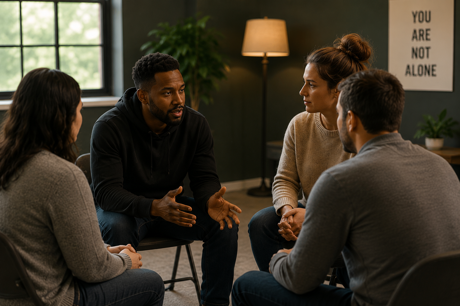 Group of four diverse people having a support group or therapy session indoors.
