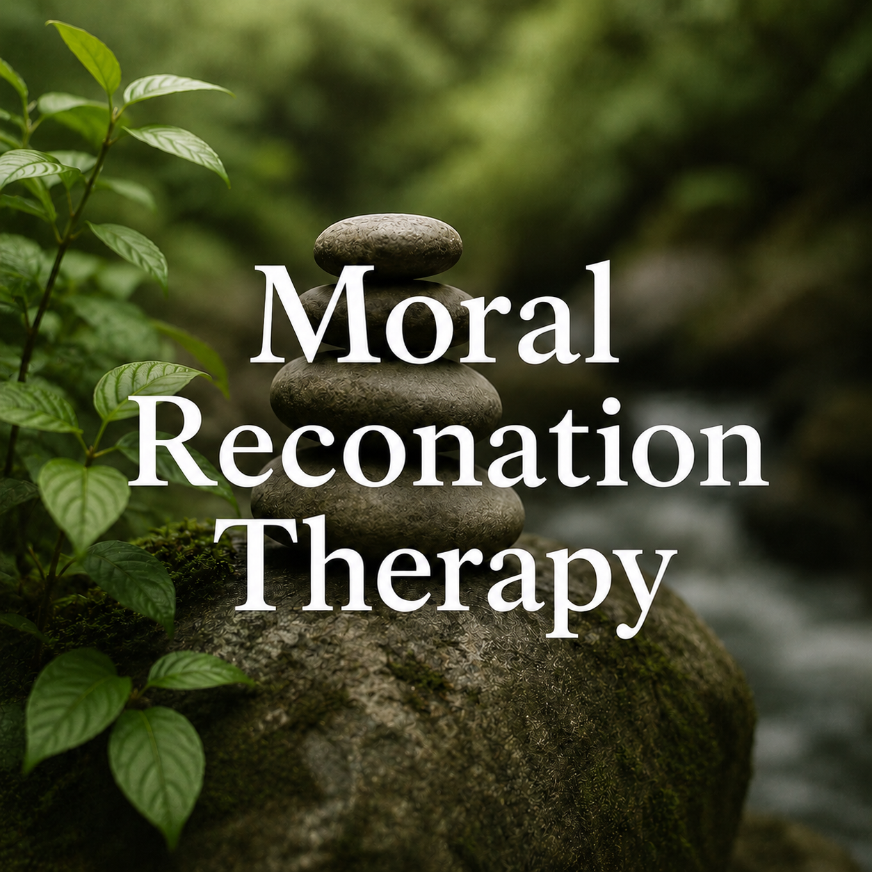 Stacked stones on mossy rock next to green foliage with text overlay that reads 'Moral Recognition Therapy' in a natural outdoor setting.