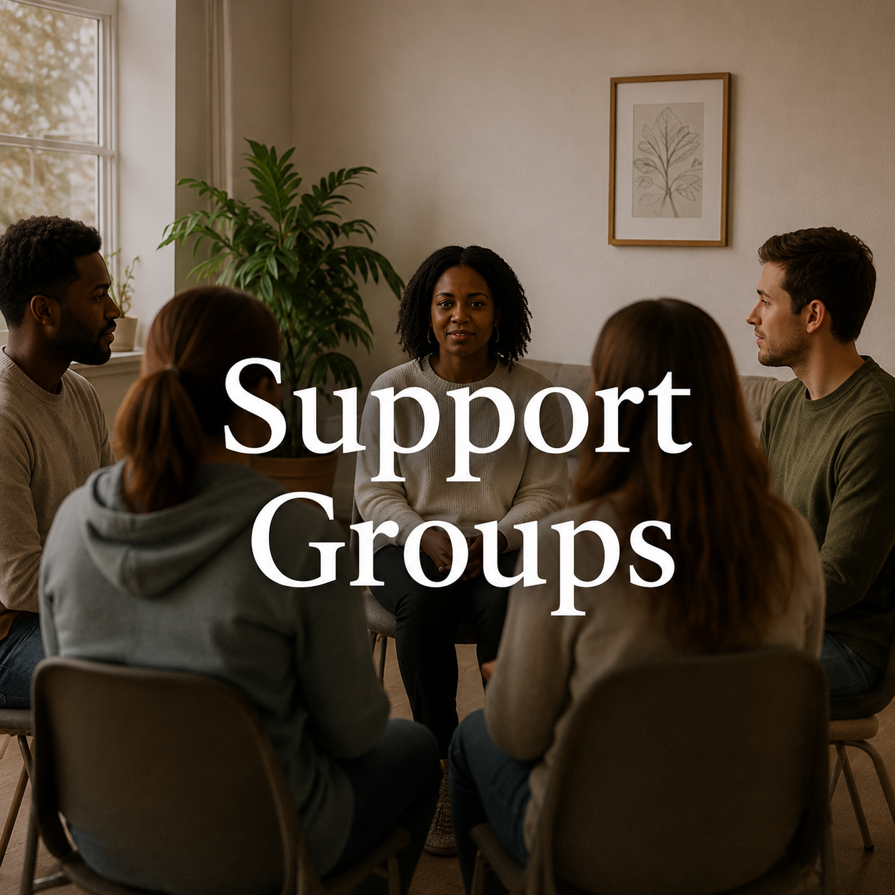 A diverse group of people sitting in a circle in a room with a large window and a plant, engaged in a support group discussion, with the words 'Support Groups' overlaid.