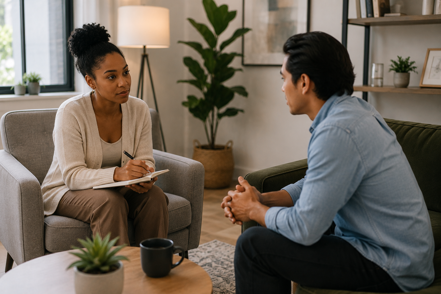 A woman taking notes during a therapy session with a man sitting on a sofa, with houseplants, a lamp, and shelves in the background.