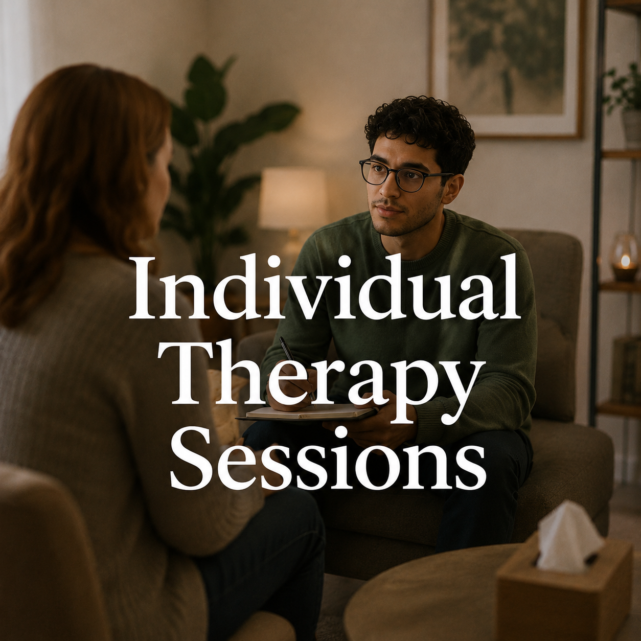 A man and woman having a therapy session in a cozy, warmly lit room, with the words 'Individual Therapy Sessions' overlayed on the image.