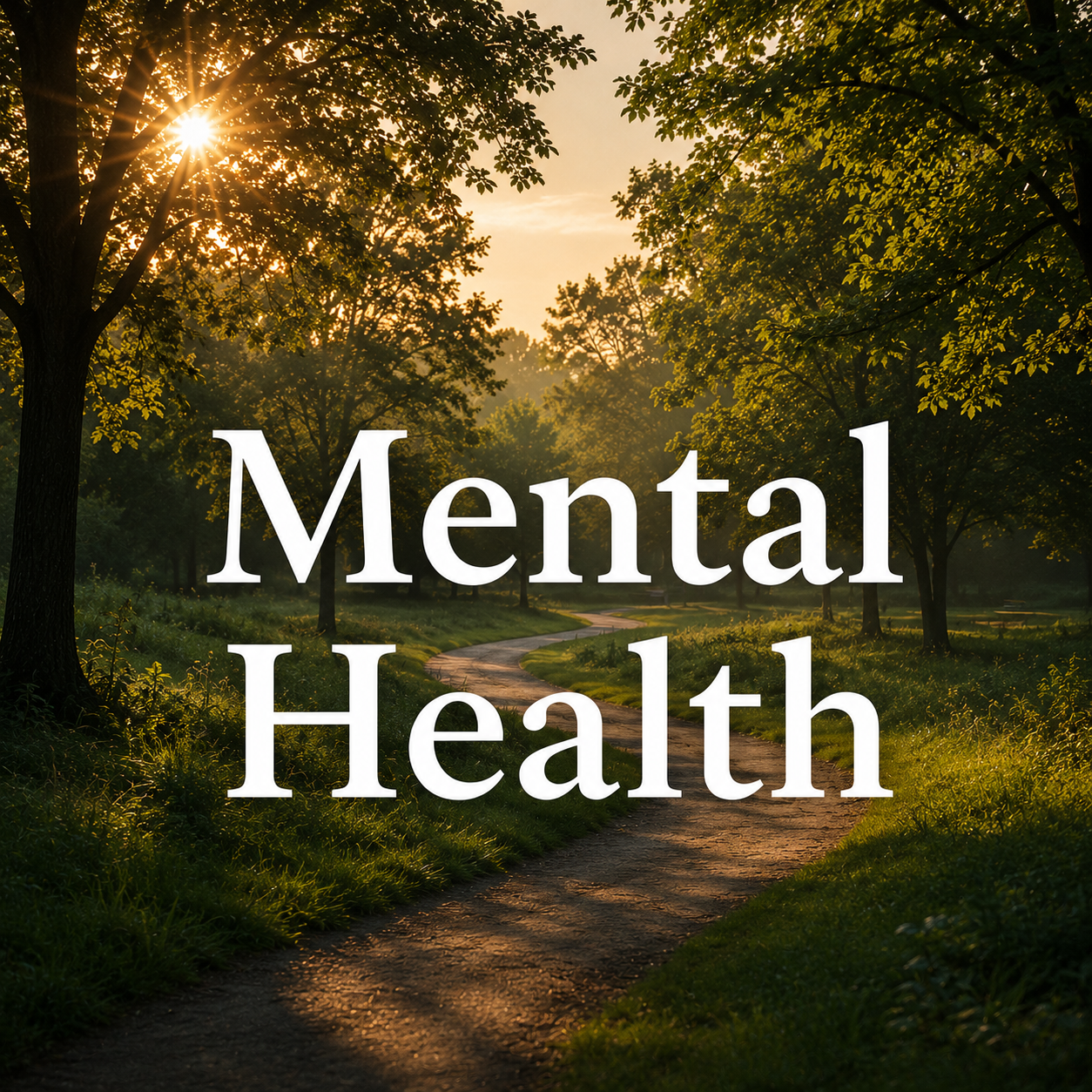 Sunrise over a winding path in a green park with tall trees and lush grass, with the words 'Mental Health' overlaid.
