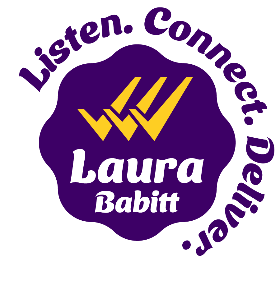 A circular logo with a purple background, 3 yellow checkmarks, and the name 'Laura' in white, surrounded by purple text Listen. Connect. Deliver. District 1 - Berkeley.
