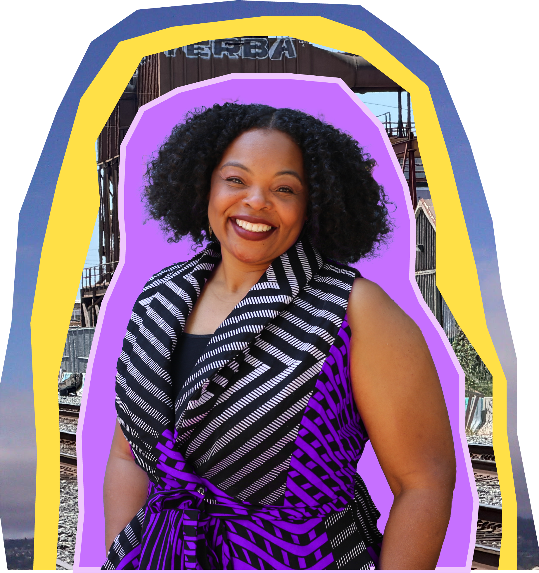 Laura Babitt on a background of color and places in West Berkeley