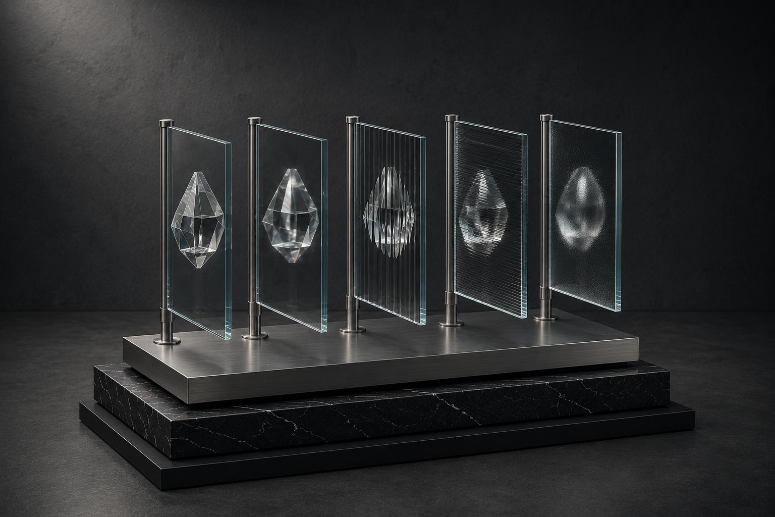 Abstract sculptural installation illustrating the structured filtering and interpretation of evidence through sequential transparent and opaque layers. Architectural glass, brushed stainless steel and Nero Marquina marble.