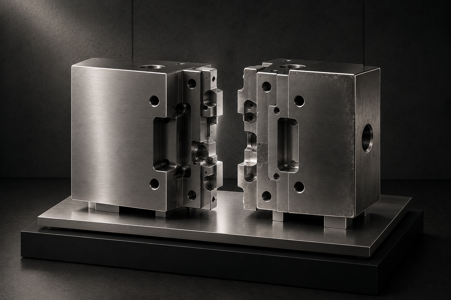 Two large, metallic industrial molds with intricate cavities and holes, positioned on a display stand against a dark background.