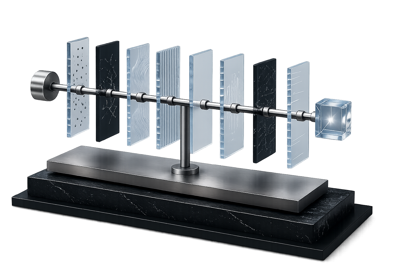 Abstract sculptural installation representing the structured evaluation of operational evidence through sequential layers of context, analysis and reasoning. Constructed from architectural glass, Nero Marquina marble and brushed stainless steel.
