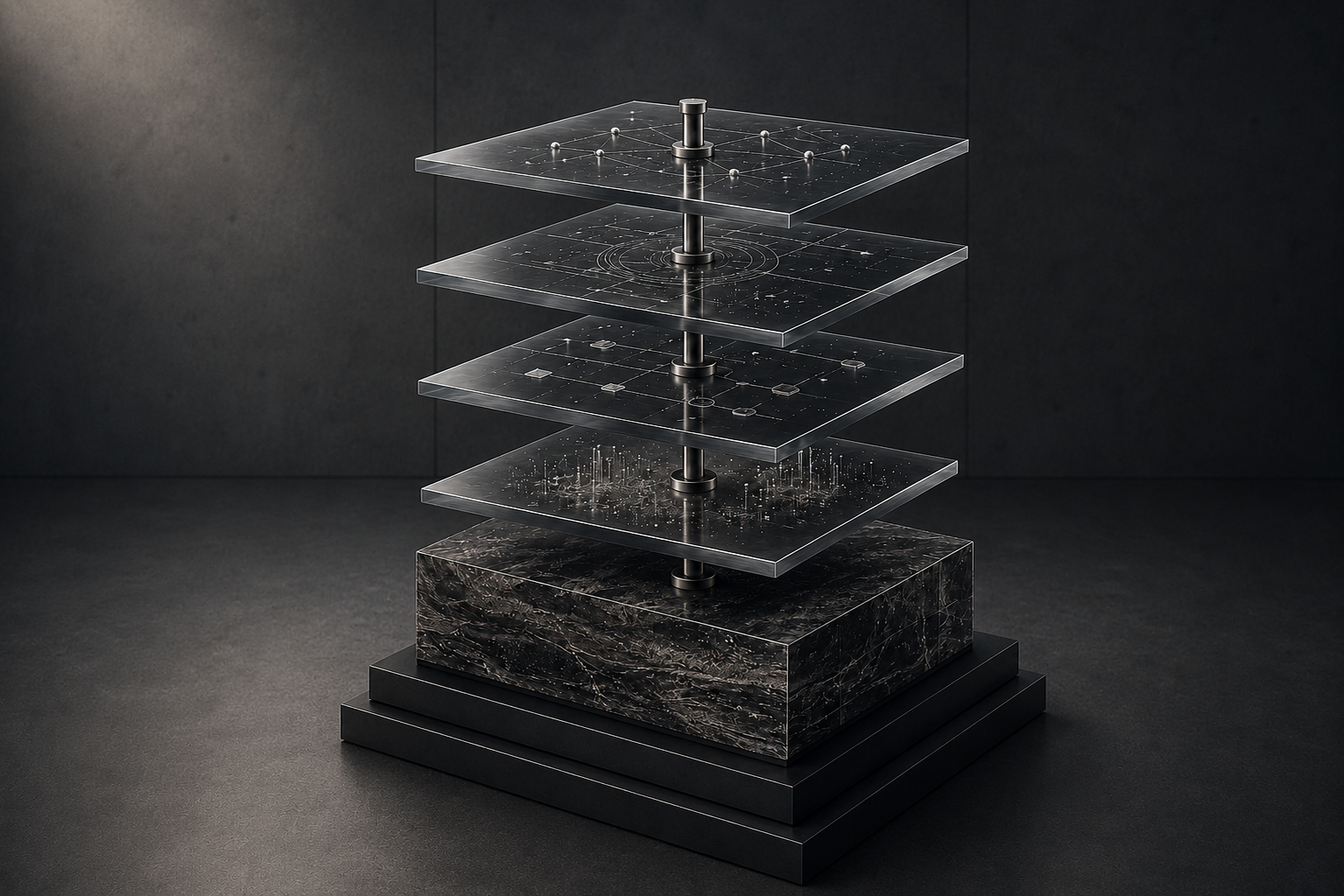 Abstract sculptural installation of layered architectural glass representing the accumulation of operational context before technical judgement. Mounted on a Nero Marquina marble plinth with brushed stainless steel support.