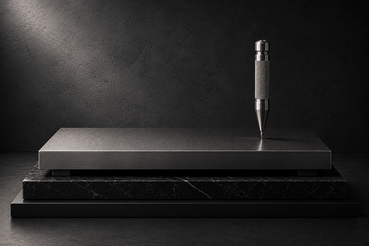 A stylus pen standing upright on a metal base with a textured surface, placed on a stack of black marble and dark gray textured surfaces, against a dark background.