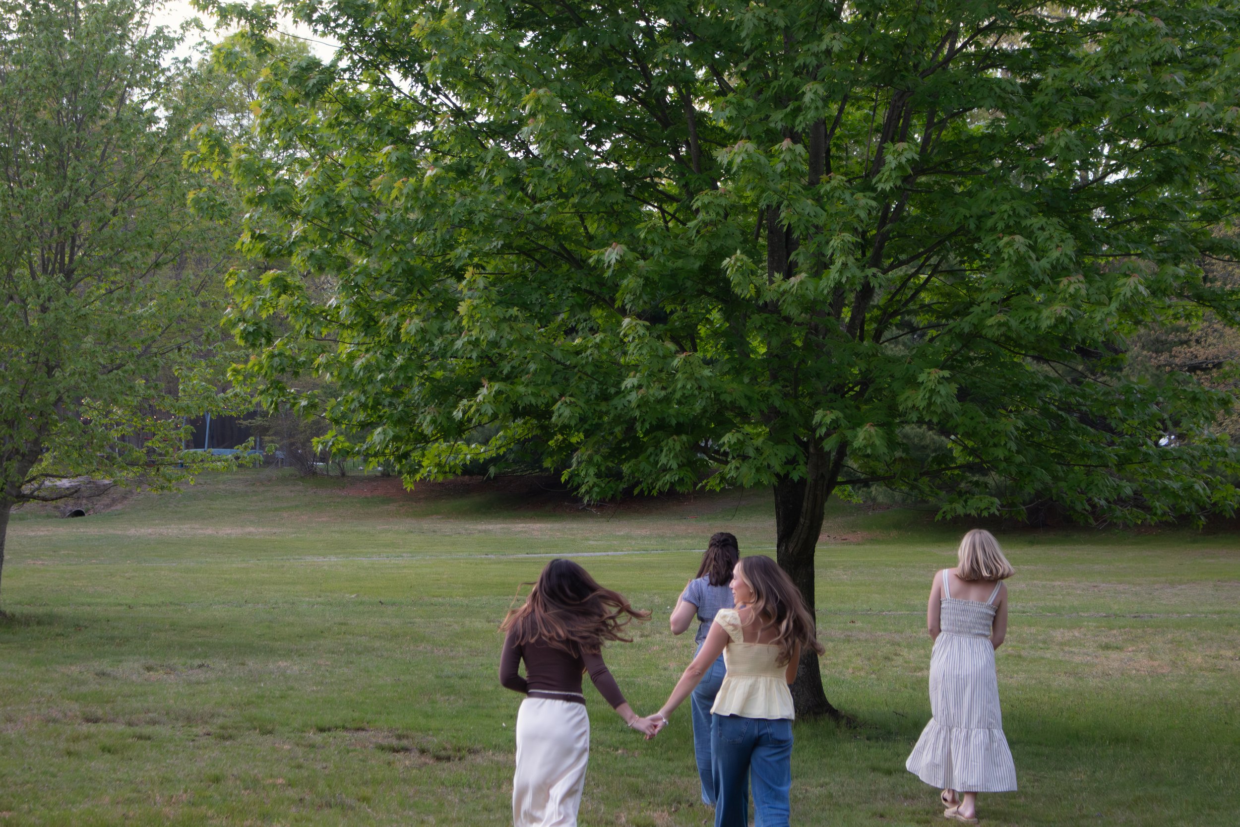 A group of women holding hands and walking in a line on the grass near a large leafy tree in a park.