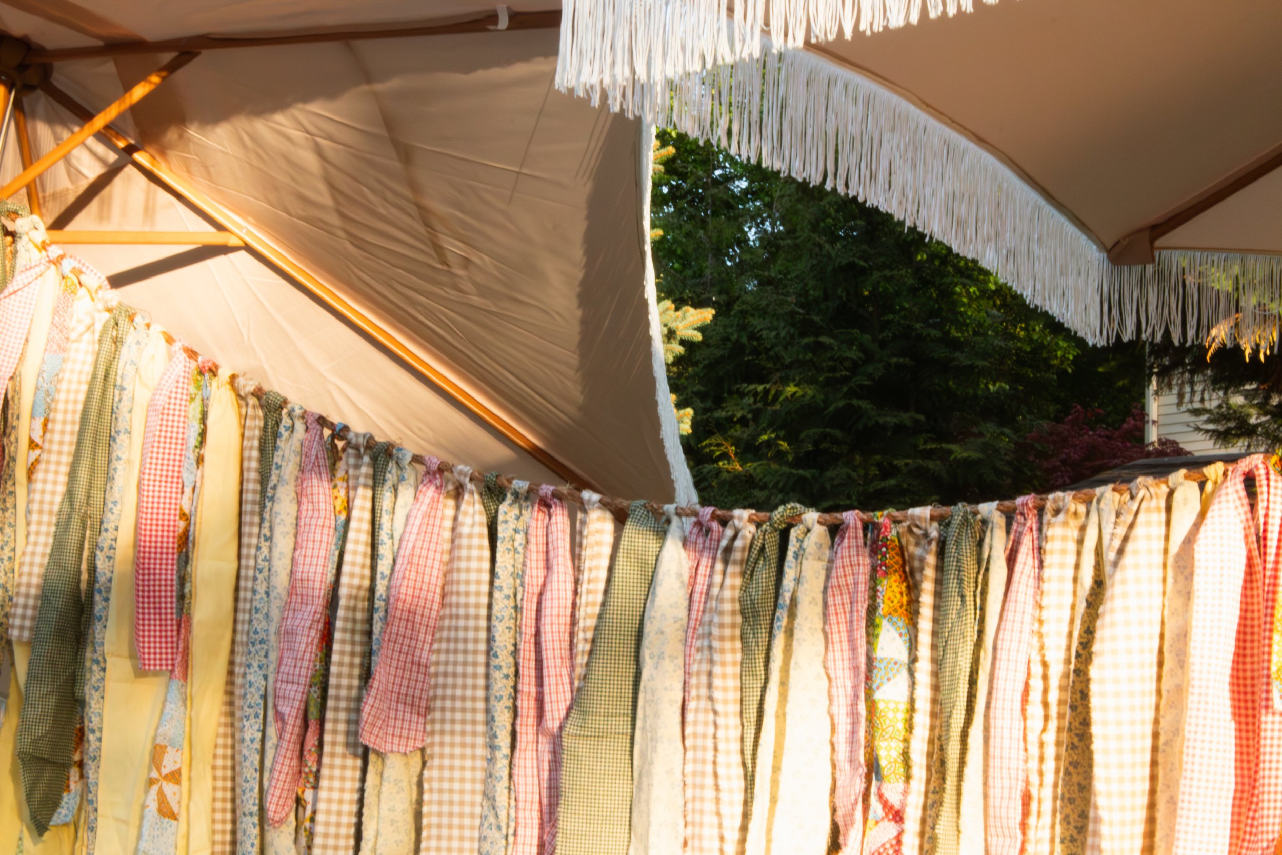 Outdoor scene with a clothesline holding colorful patterned fabric strips, with trees and a house in the background.