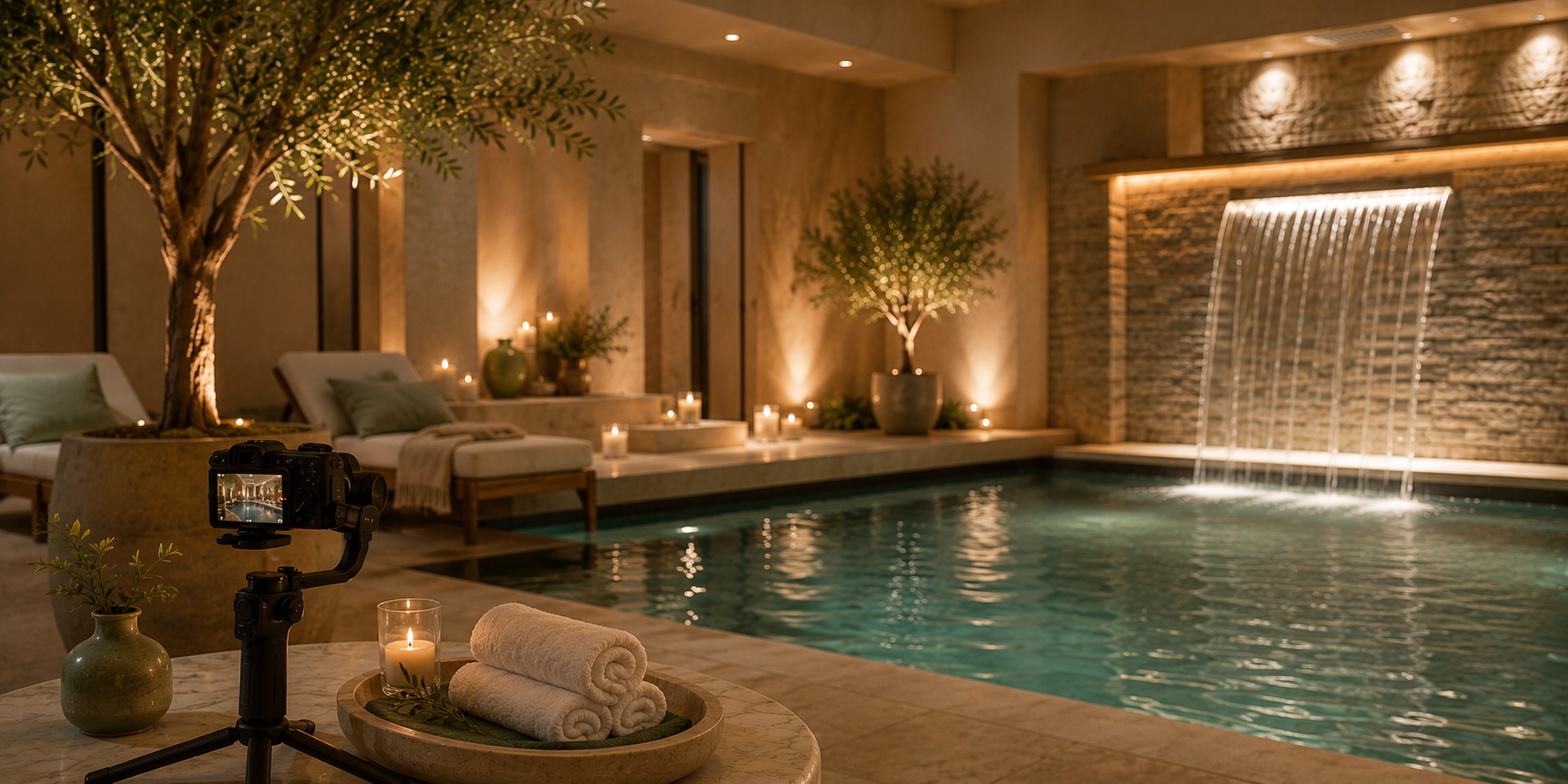 Indoor pool area featuring a waterfall, lounge chairs with pillows, candles, potted trees, and a camera on a tripod in the foreground.