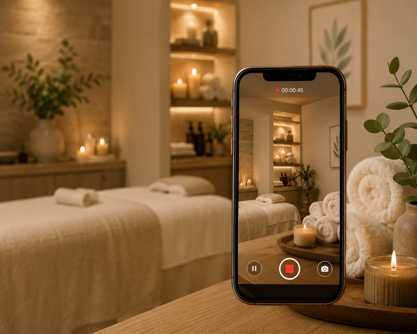 A smartphone recording a room with massage tables, candles, rolled towels, and plants in a spa setting.