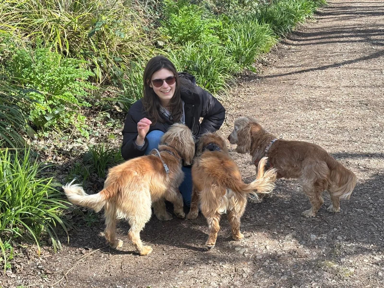 A woman with long dark hair, wearing sunglasses and a black jacket, is crouching on a dirt path surrounded by green plants. She is playing with four golden-colored dogs that are gathered around her.