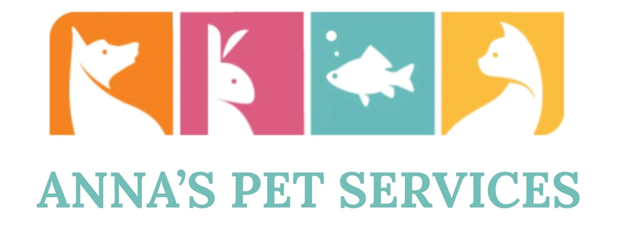 Logo for Anna's Pet Services with colorful block letters and silhouettes of a dog, rabbit, fish, and cat.