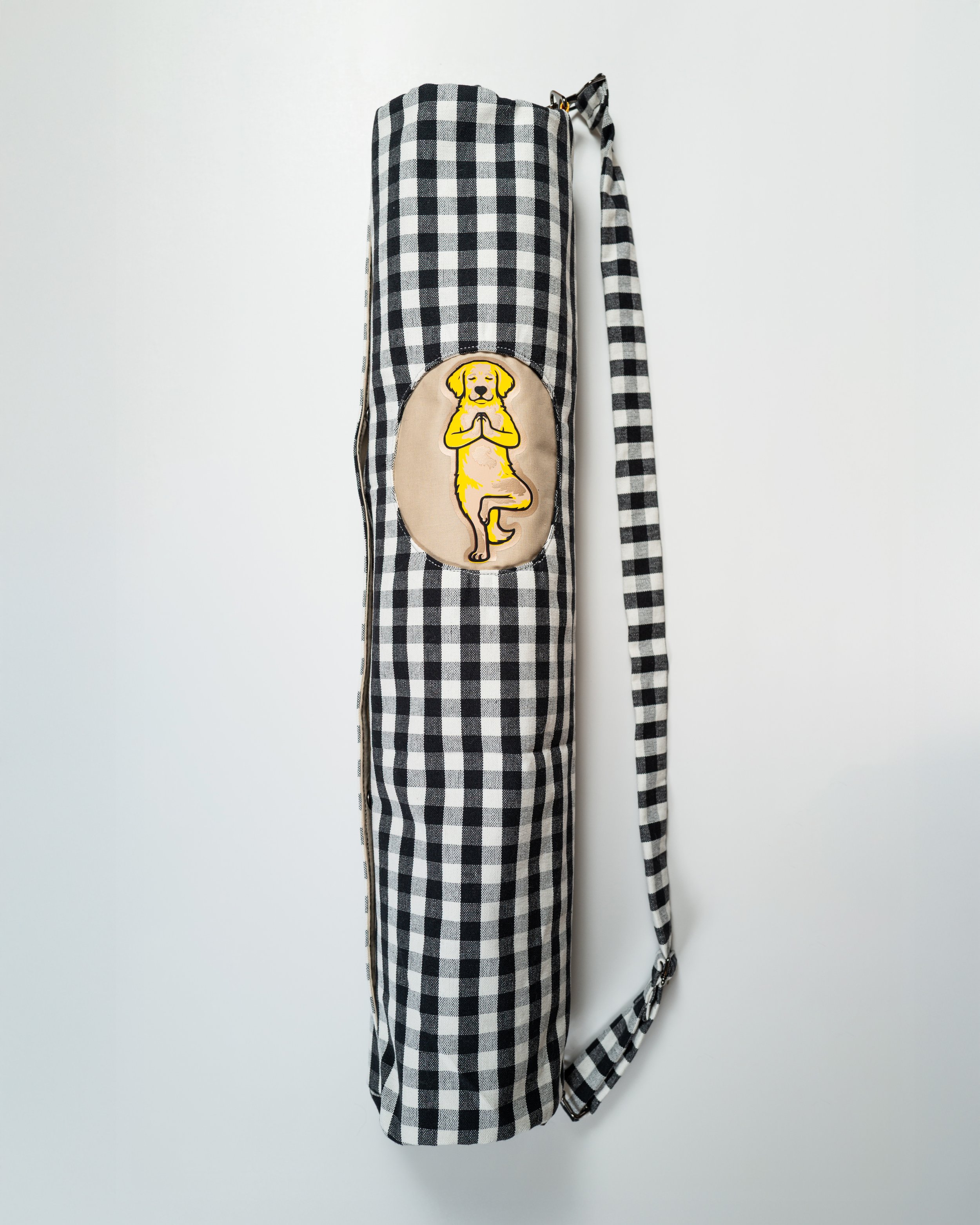 Handmade Yoga Mat Bag  “Black & White Gingham Bag with Dog Patch” carry case