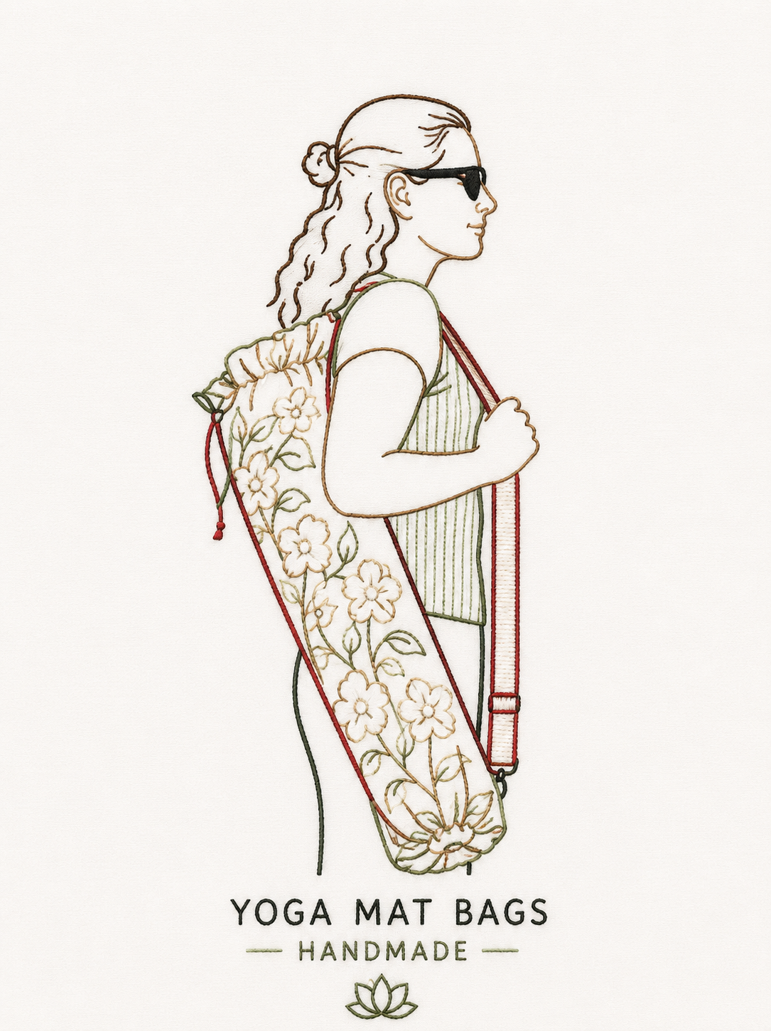 Illustration of a woman with long wavy hair wearing sunglasses, holding a yoga mat bag with floral embroidery on her shoulder. Below, text reads 'YOGA MAT BAGS HANDMADE' with a small lotus flower icon.