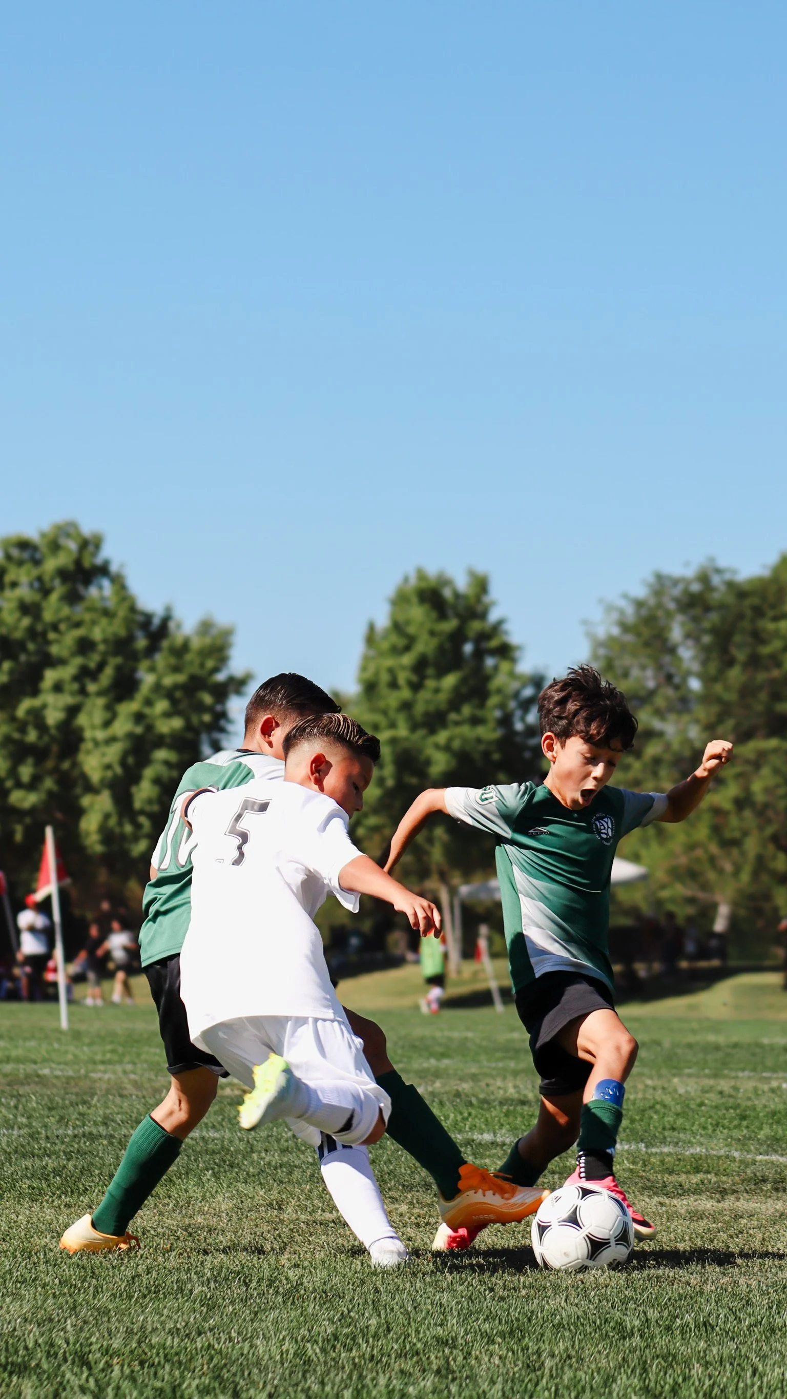 Youth soccer match with three boys competing for the ball on a grassy field, with trees and a blue sky in the background.