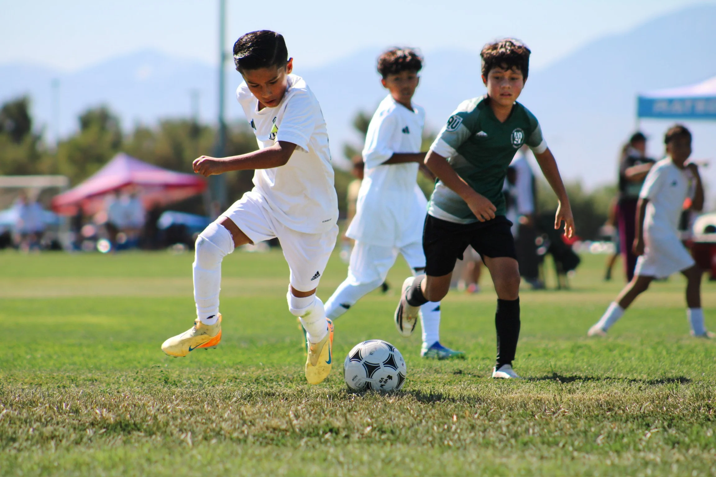 Young boys playing soccer on a grassy field, one in a white jersey kicking the ball while others watch.