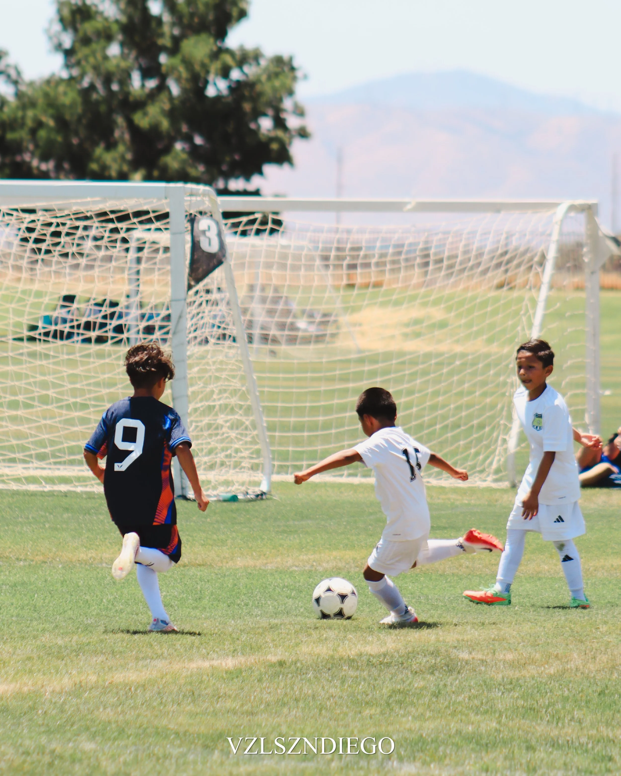 Young boys playing soccer on a field during daytime, with a soccer ball in front of them and goalpost in background, trees and mountains in distance.