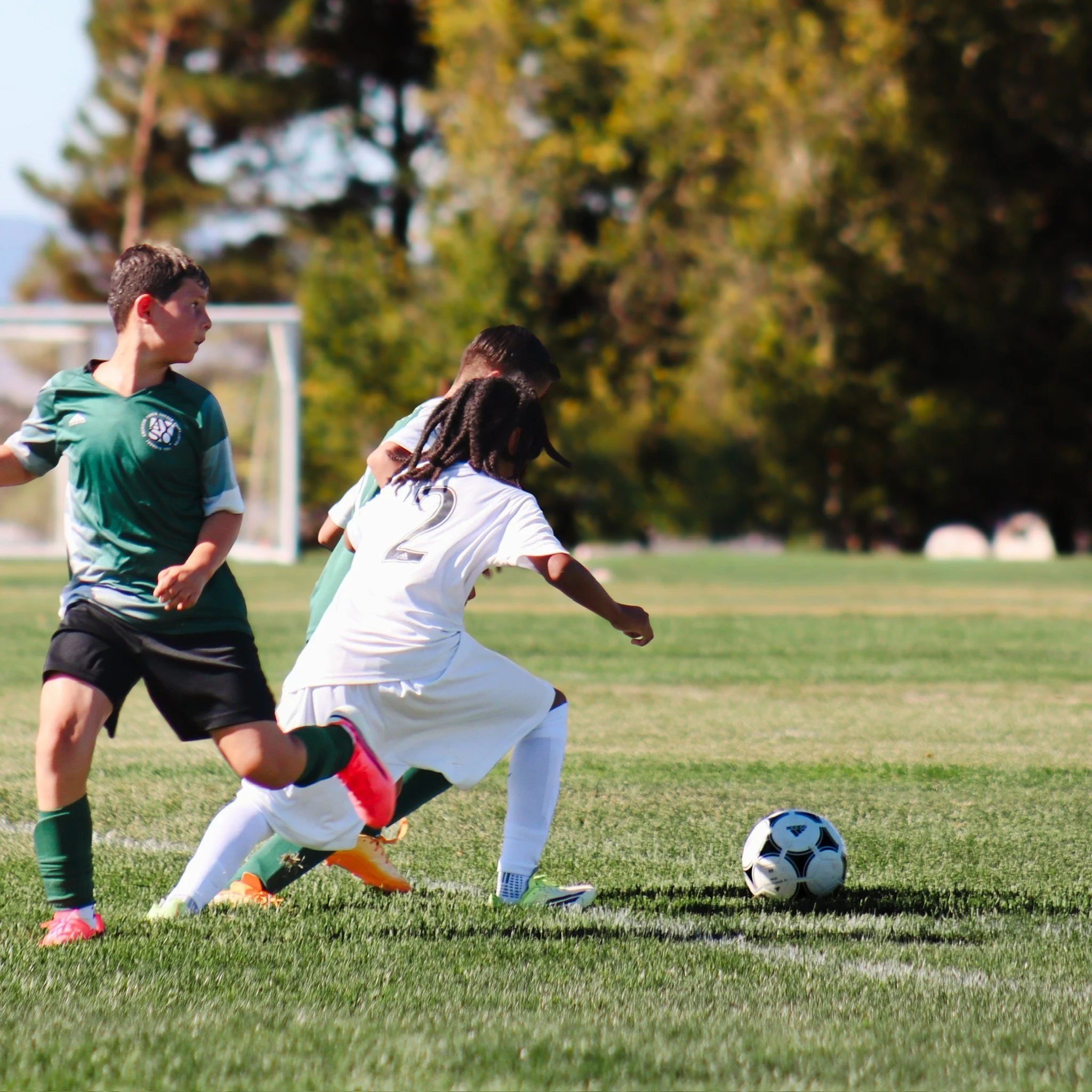 Three children playing soccer on a grassy field, with one kicking the ball and others running nearby, trees in the background.