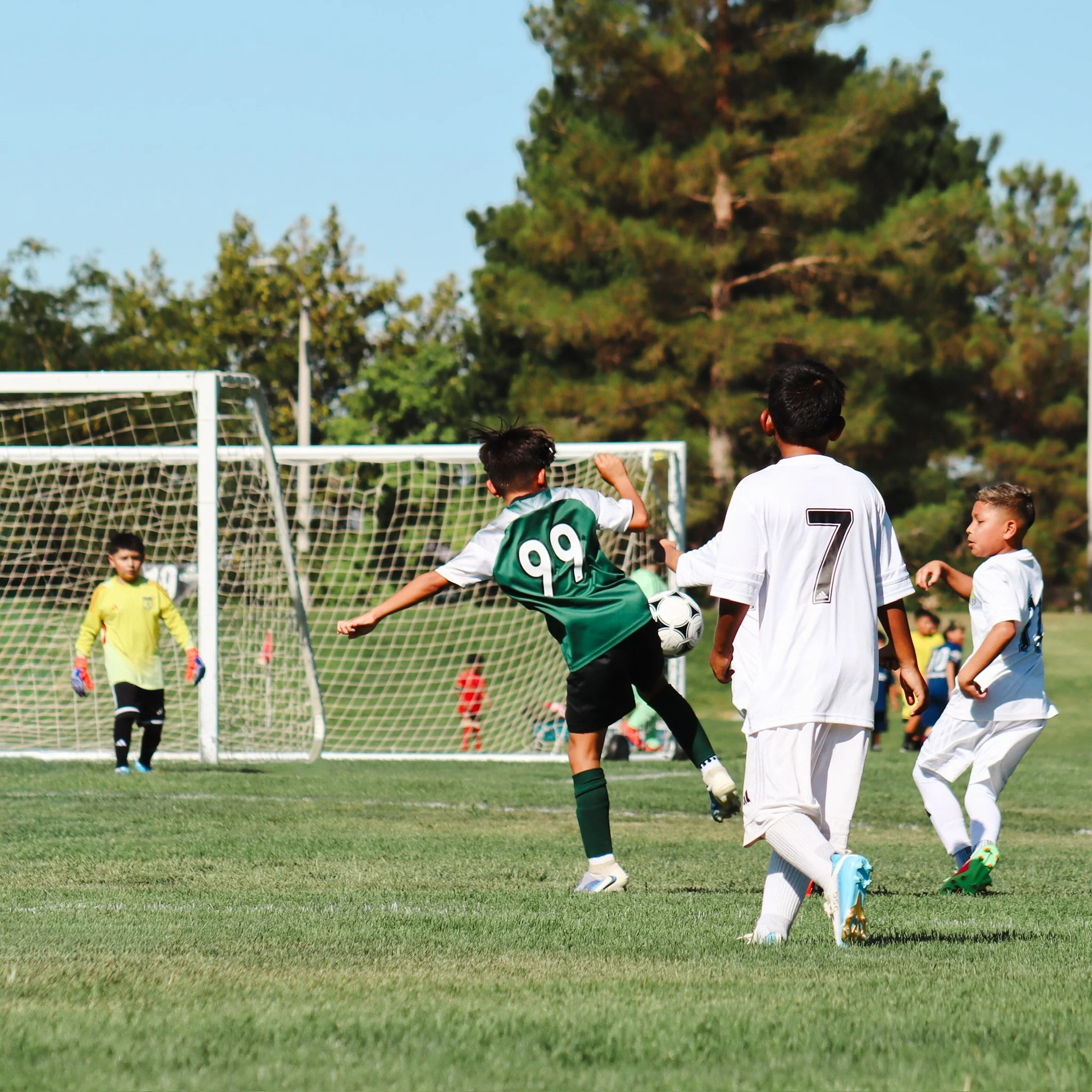 Young boys playing soccer on a field with green grass, goalpost, and trees in the background on a clear day.
