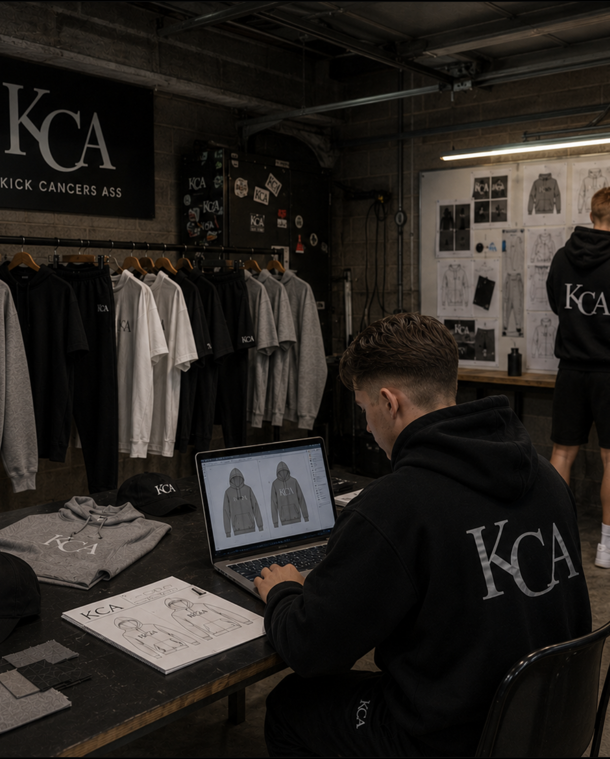 An individual working on clothing design sketches at a workspace with apparel and designs in the background, featuring KCA branding, in an industrial-style room.