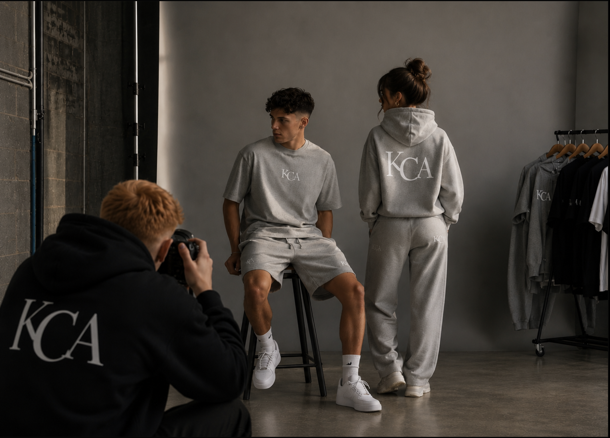 Two models wearing matching gray sweatshirts and sweatpants with 'KCA' logo, one seated and one standing, during a photo shoot in a studio with a gray background. A photographer is taking pictures and clothing racks with additional garments are visible.