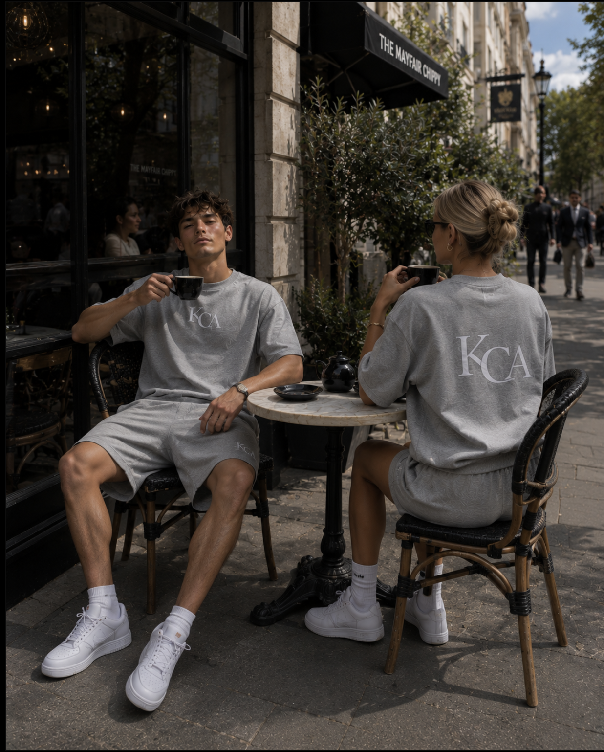 Two young people sitting at an outdoor cafe table on a city street, each holding a black coffee mug. They are dressed in matching grey outfits with the letters 'KCA' on the shirts, and white sneakers. The man has short, wavy hair, and the woman has her blond hair in a bun with sunglasses. Behind them, there are pedestrians walking, trees, and a building with a sign that reads 'The Mayfair Chippy'.