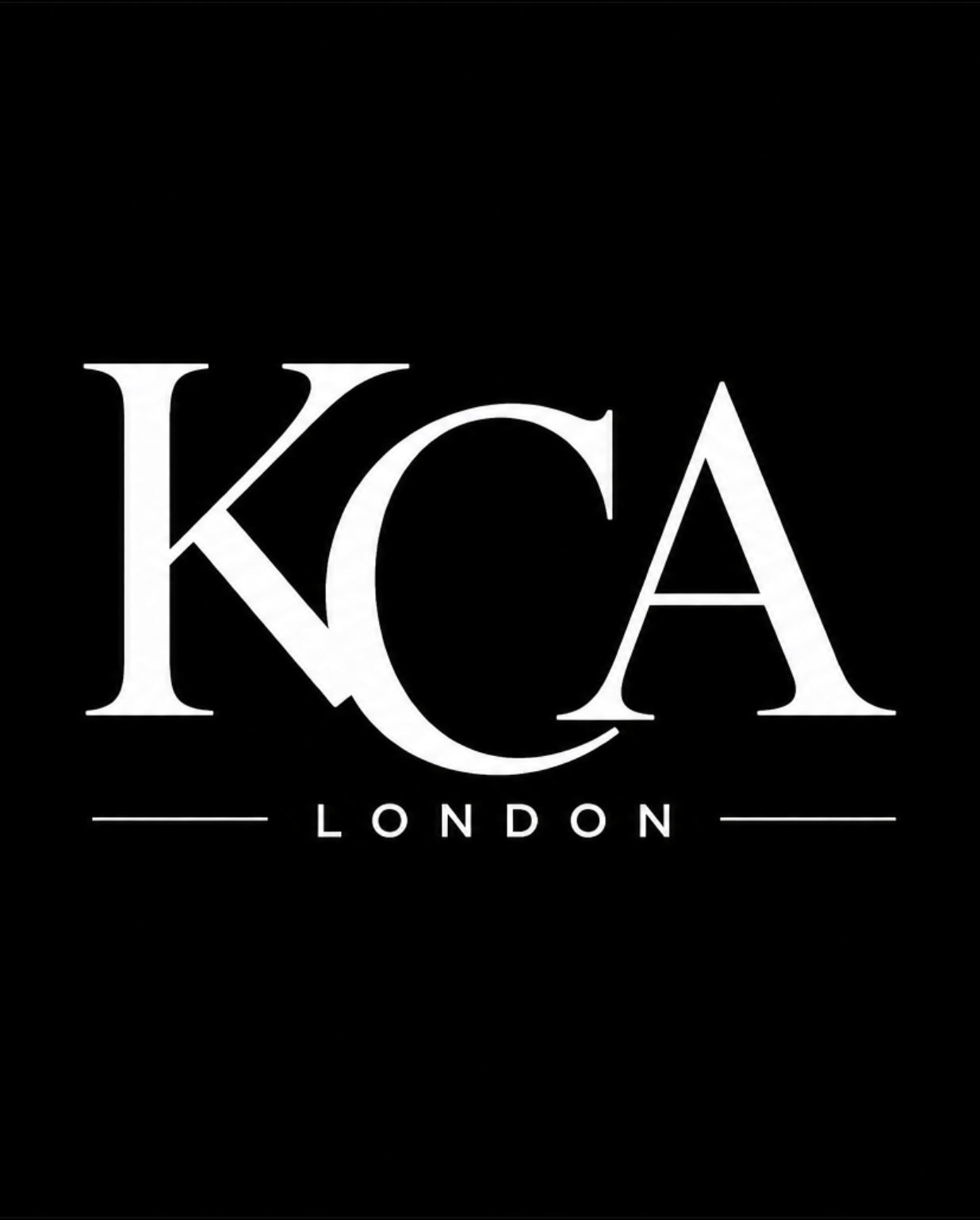 Black background with white text displaying 'KCA LONDON' with decorative lines on each side of 'LONDON'.